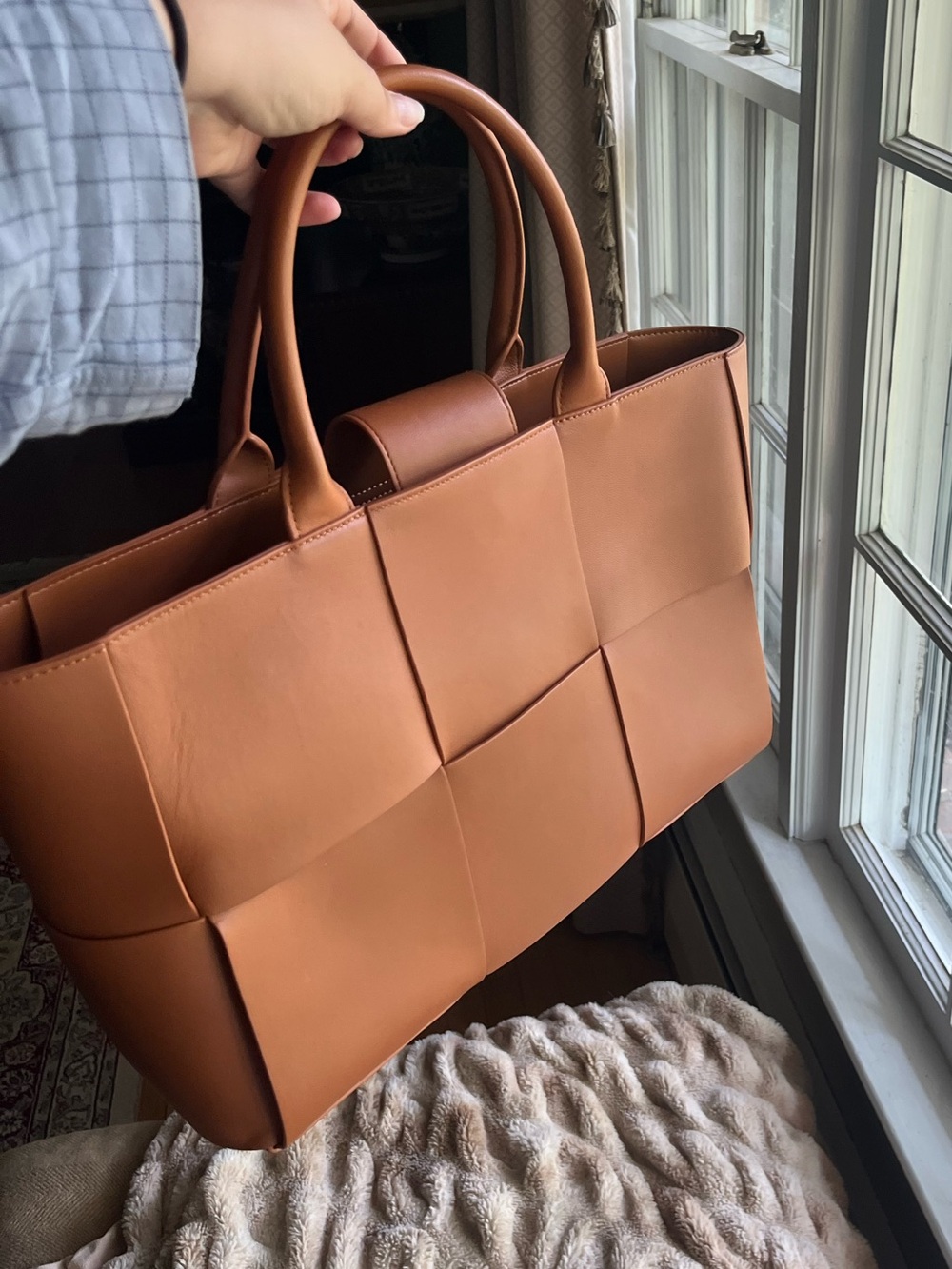 The Mega Tessare Woven Leather Handbag in Saddle by J.McLaughlin - Picture 2 of 9
